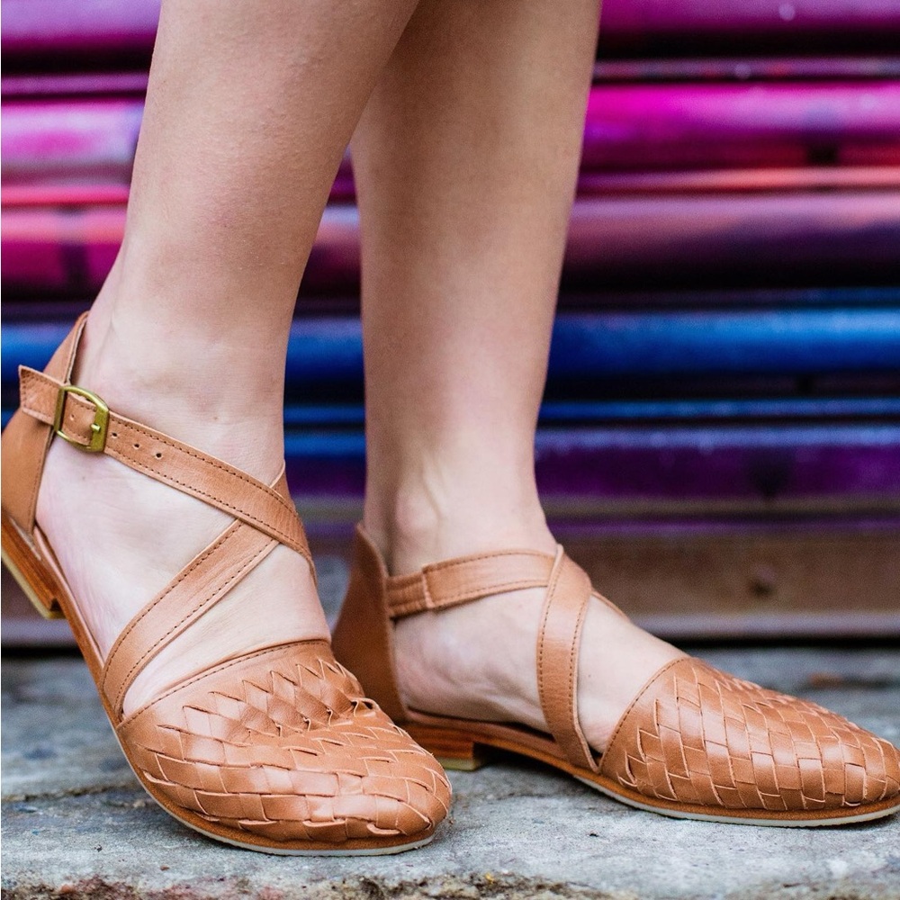 Bali ELF | Riviera Handmade Woven Leather Flats in Cognac 9.5